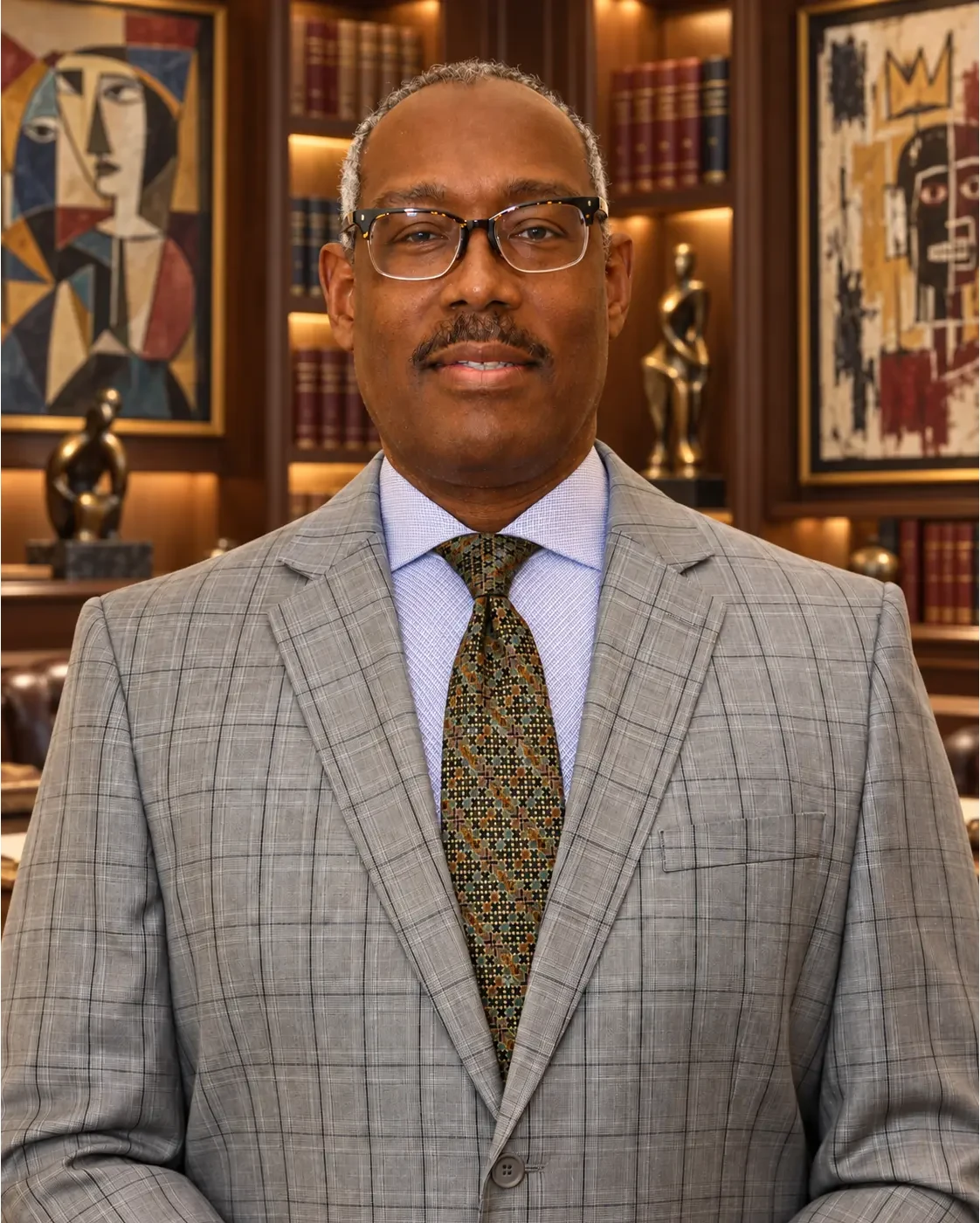 Leland Hardy business portrait, wearing a gray suit and patterned tie